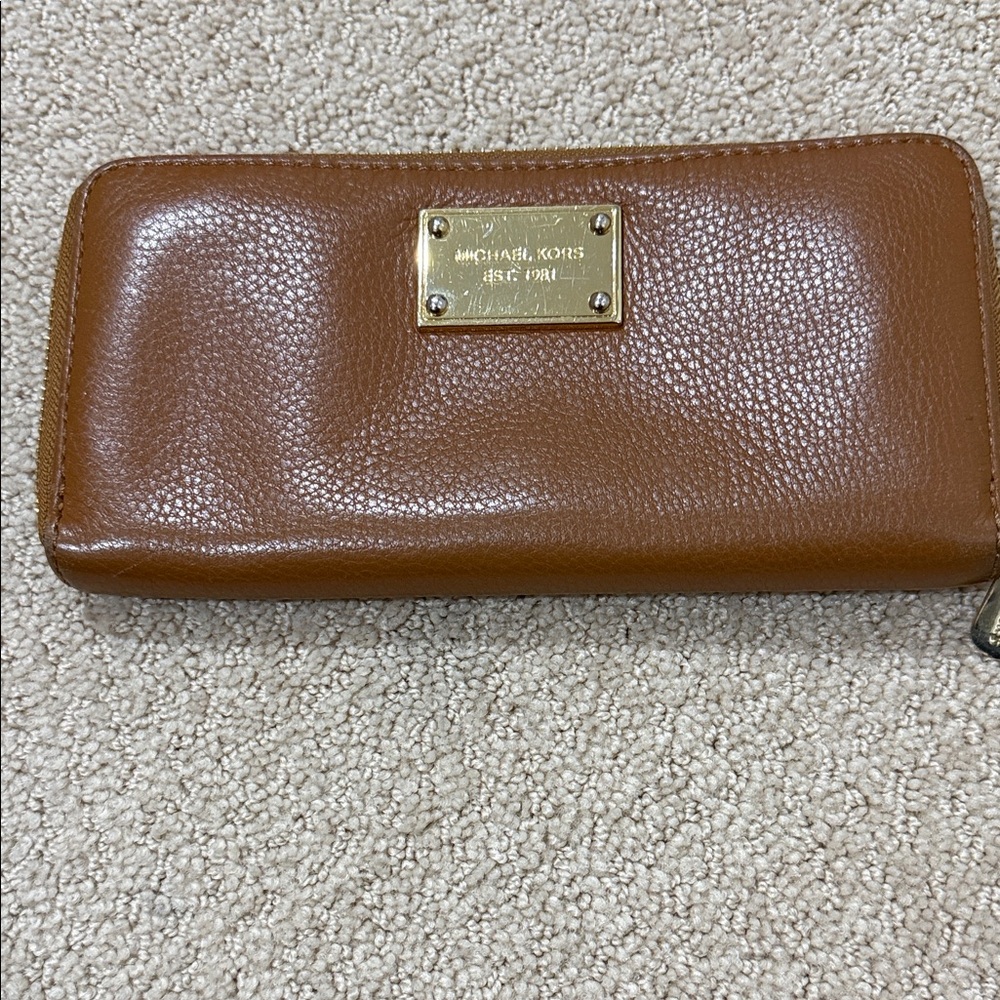 Michael Kors Cognac Leather Zip-Around Wallet with Gold Plaque